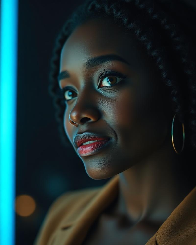 AI-generated cinematic portrait of a woman lit by blue neon