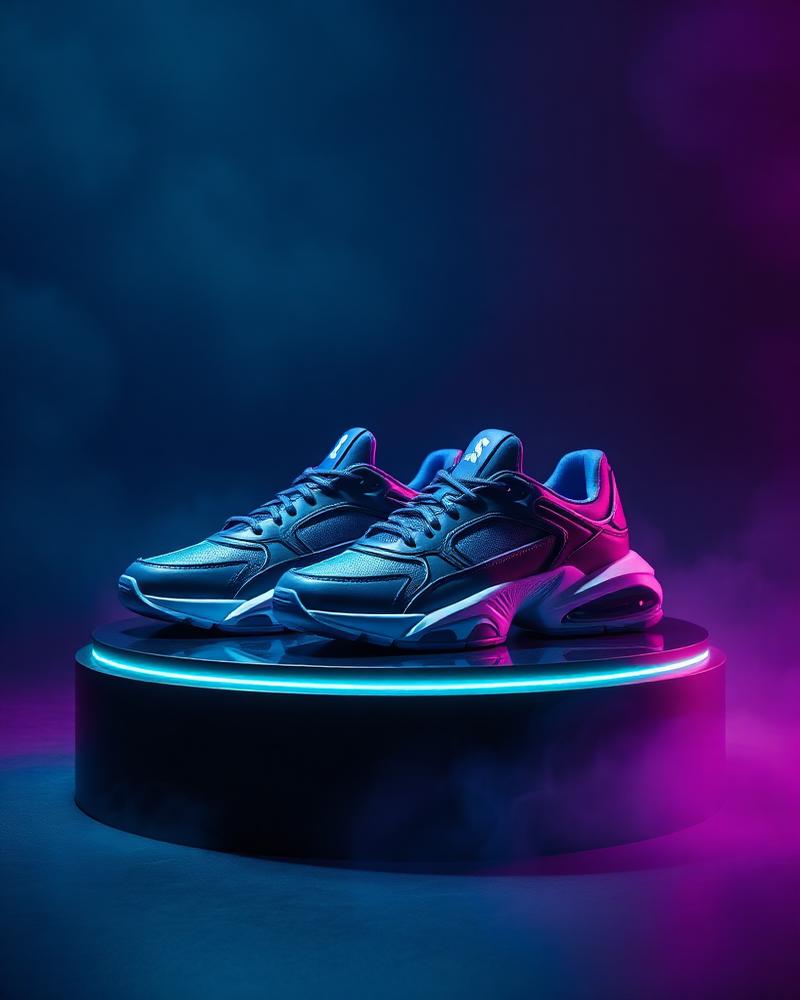 AI-generated product photo of futuristic sneakers under neon studio lighting