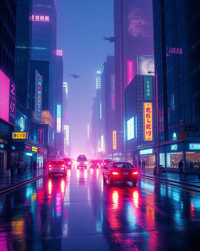 AI-generated neon sci-fi city street at night